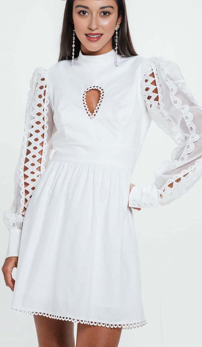 LONG SLEEVE EYELET EMBELLISHMENT MINI DRESS IN WHITE