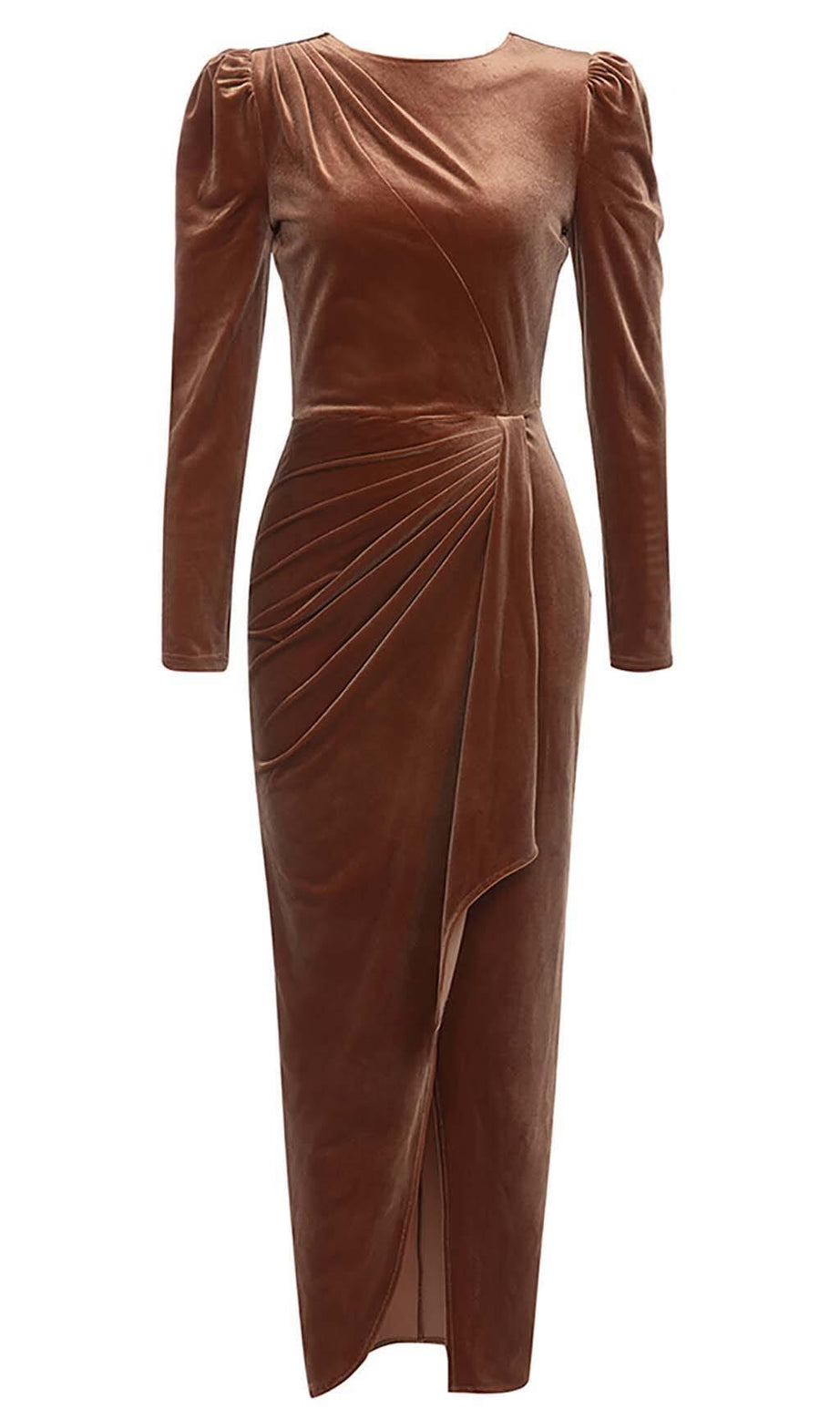 LANGÄRMELIGES MIDIKLEID AUS SAMT IN BRAUN