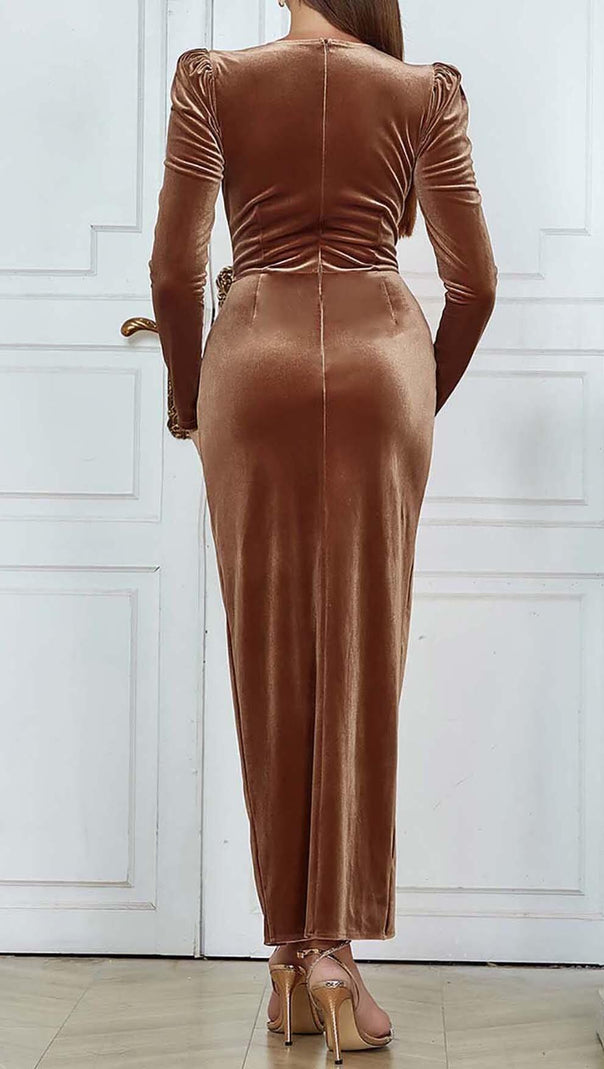AIIZIE LONG SLEEVE VELVET MIDI DRESS IN BROWN - product image