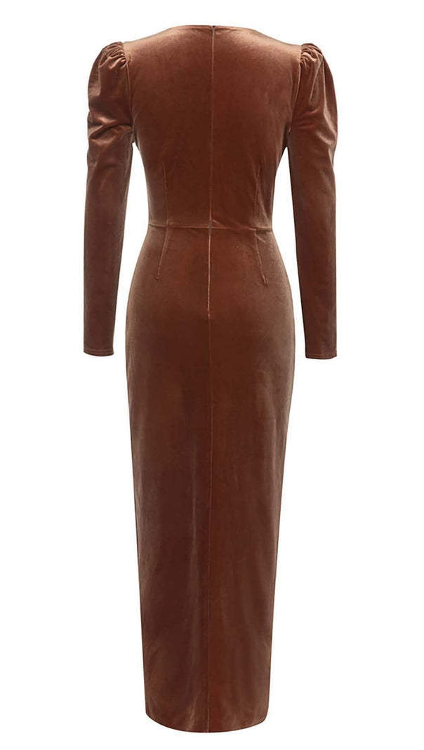 AIIZIE LONG SLEEVE VELVET MIDI DRESS IN BROWN - product image