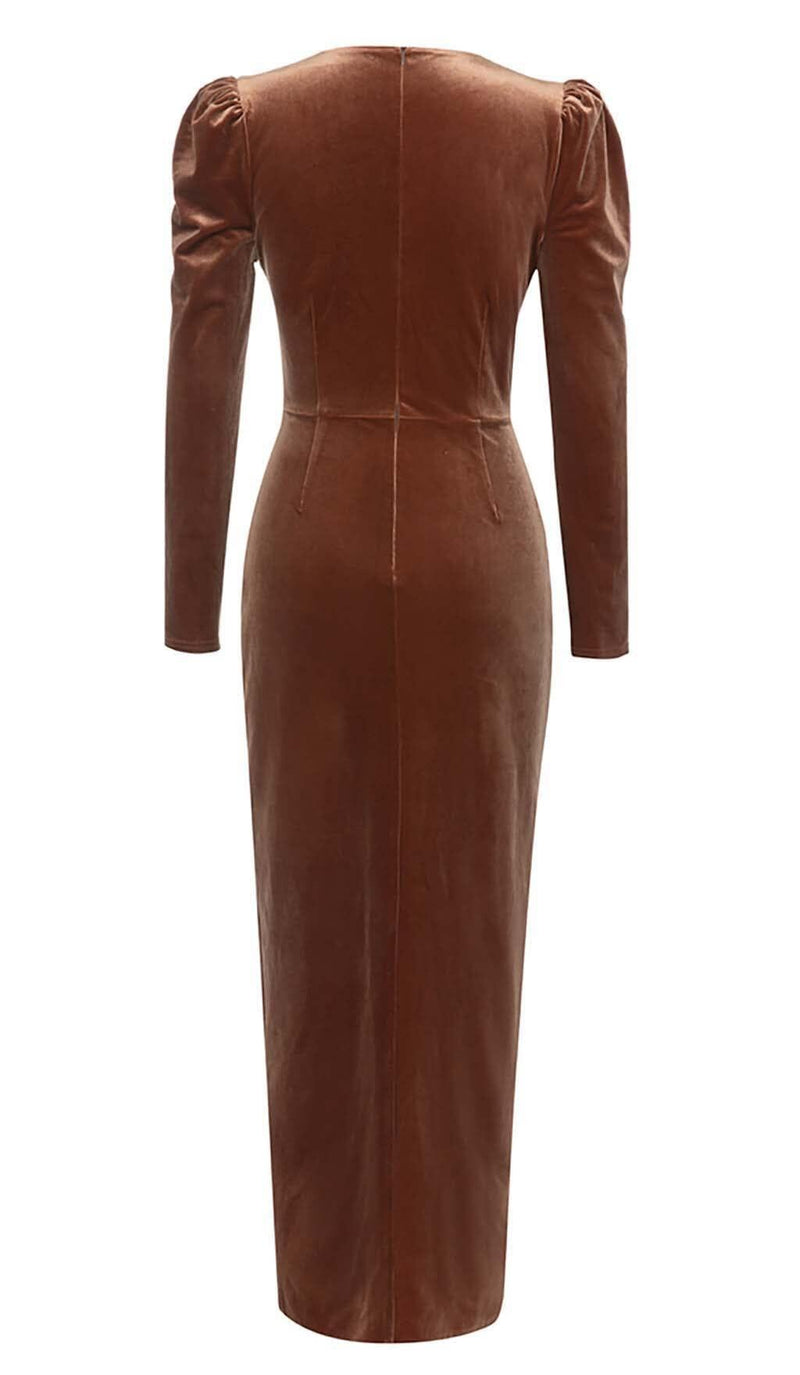 LONG SLEEVE VELVET MIDI DRESS IN BROWN