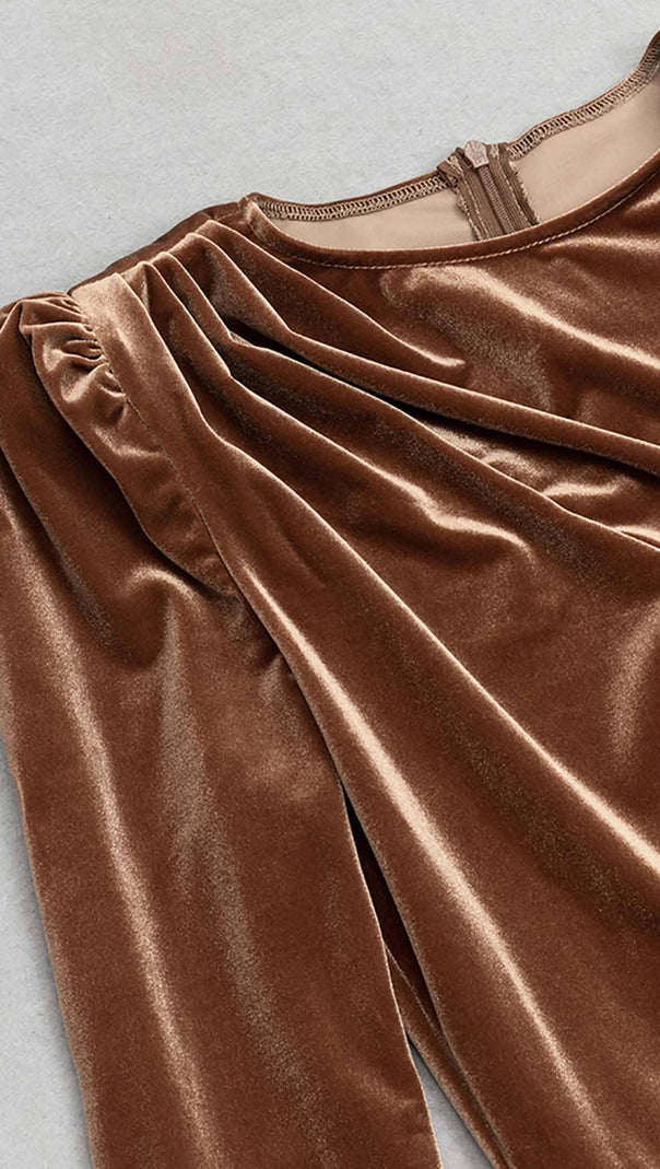 AIIZIE LONG SLEEVE VELVET MIDI DRESS IN BROWN - product image