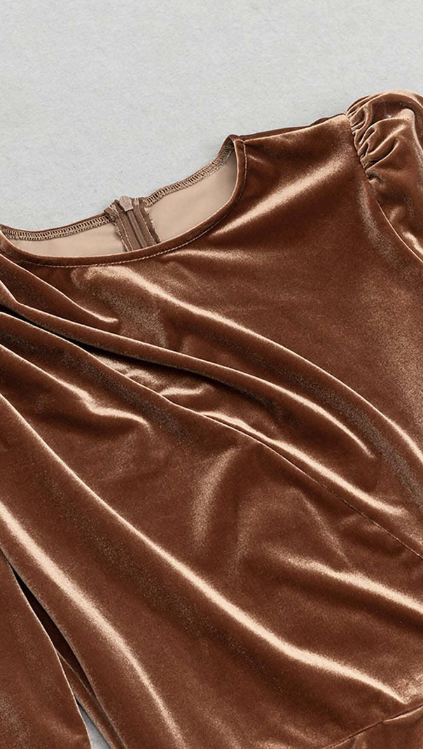 AIIZIE LONG SLEEVE VELVET MIDI DRESS IN BROWN - product image