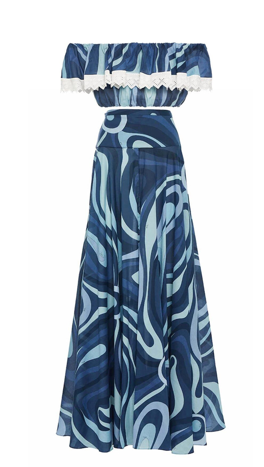 MARMO-PRINT RUFFLE TWO PIECE SET IN BLUE