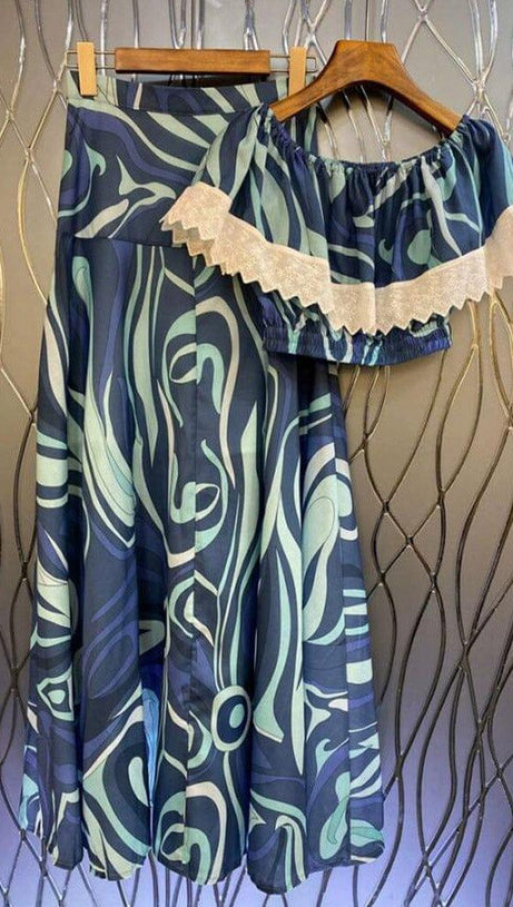 MARMO-PRINT RUFFLE TWO PIECE SET IN BLUE