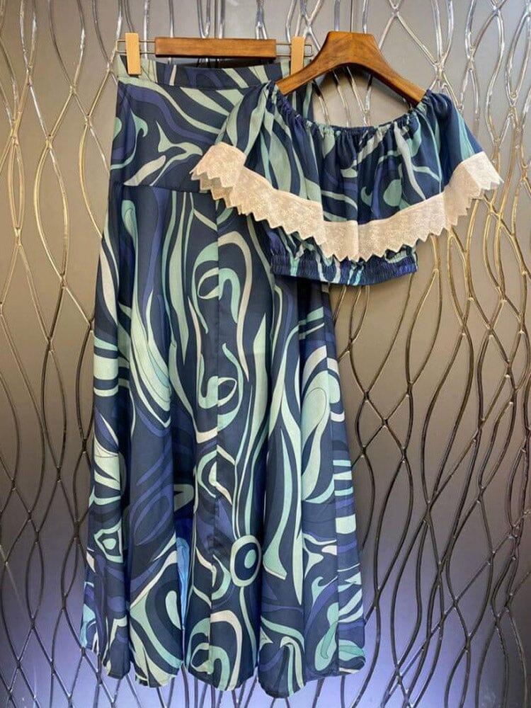AIIZIE MARMO-PRINT RUFFLE TWO PIECE SET IN BLUE - product image