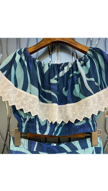 MARMO-PRINT RUFFLE TWO PIECE SET IN BLUE