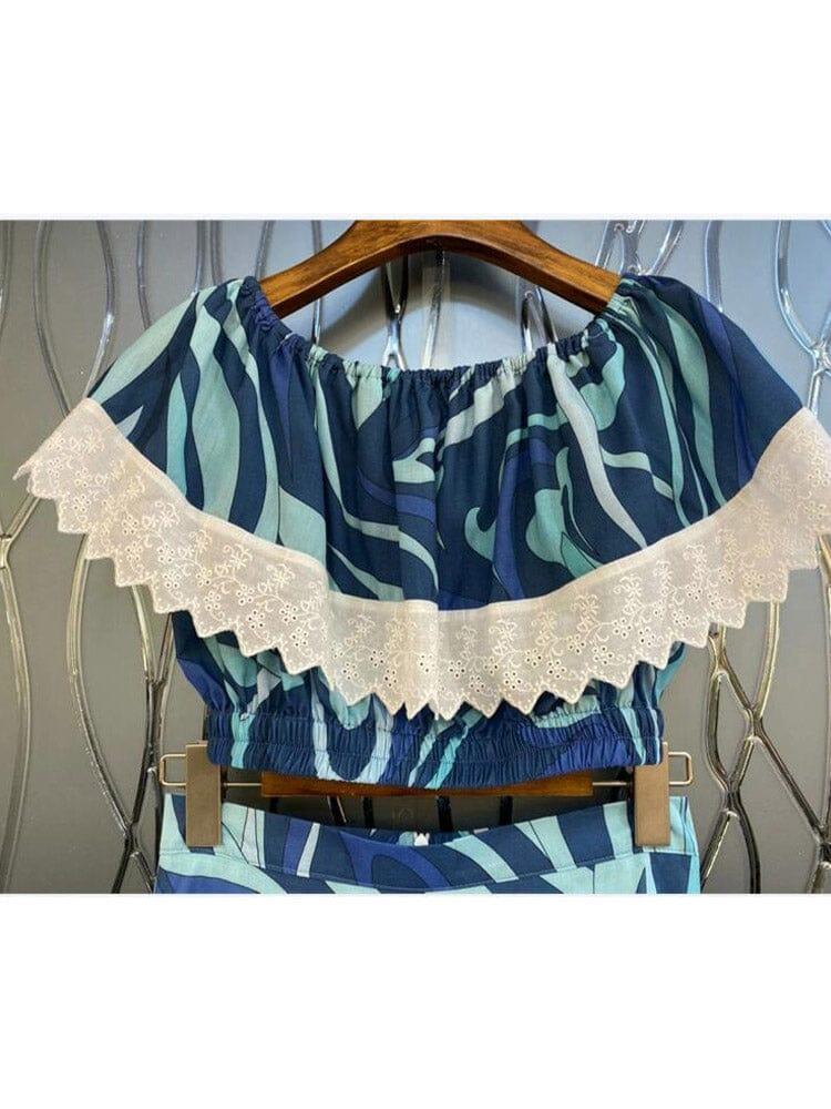 AIIZIE MARMO-PRINT RUFFLE TWO PIECE SET IN BLUE - product image
