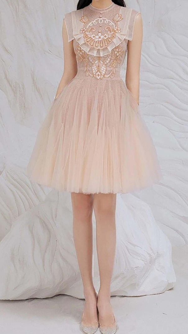 AIIZIE MESH EMBROIDERED SKATER DRESS IN PINK - product image