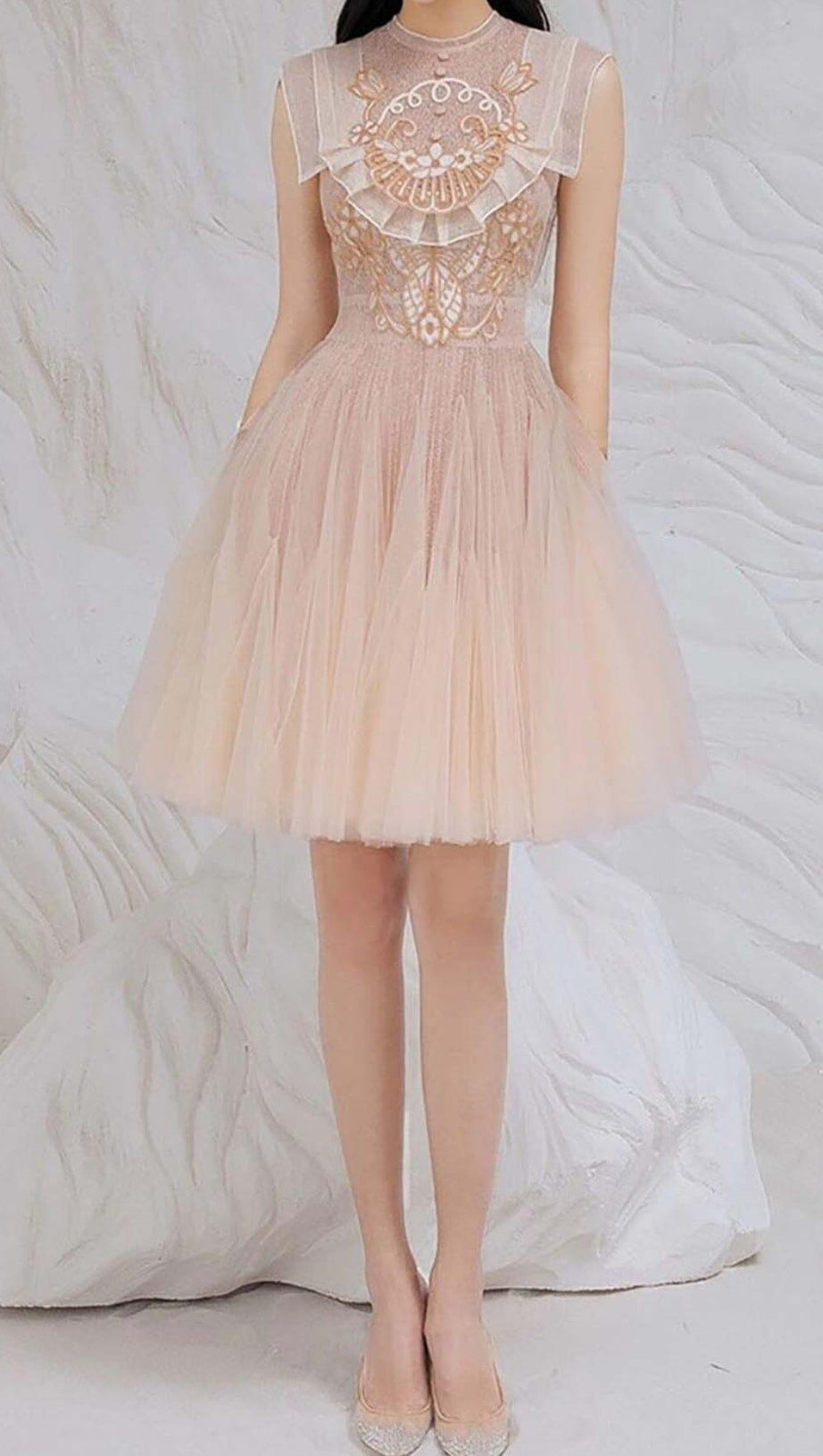 MESH EMBROIDERED SKATER DRESS IN PINK