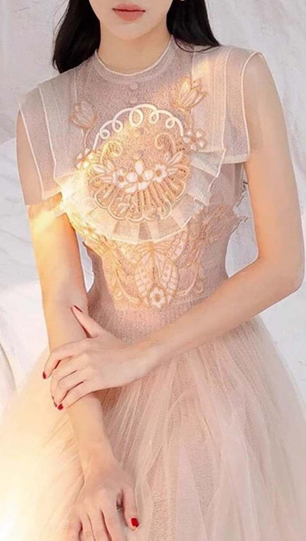 AIIZIE MESH EMBROIDERED SKATER DRESS IN PINK - product image