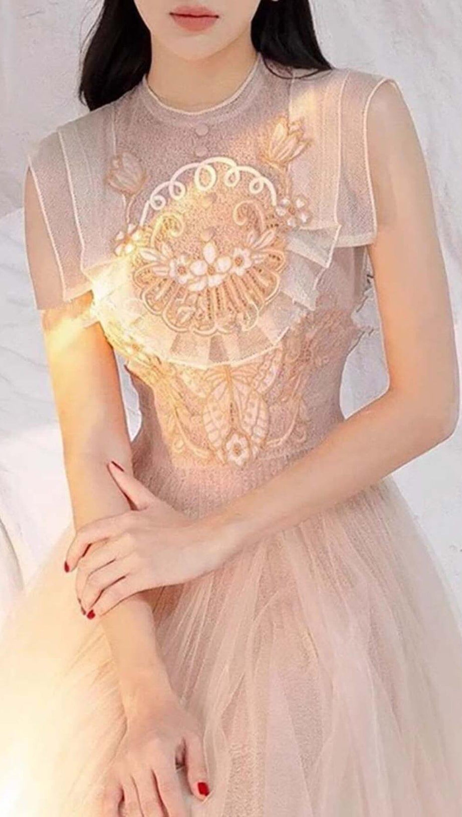 MESH EMBROIDERED SKATER DRESS IN PINK