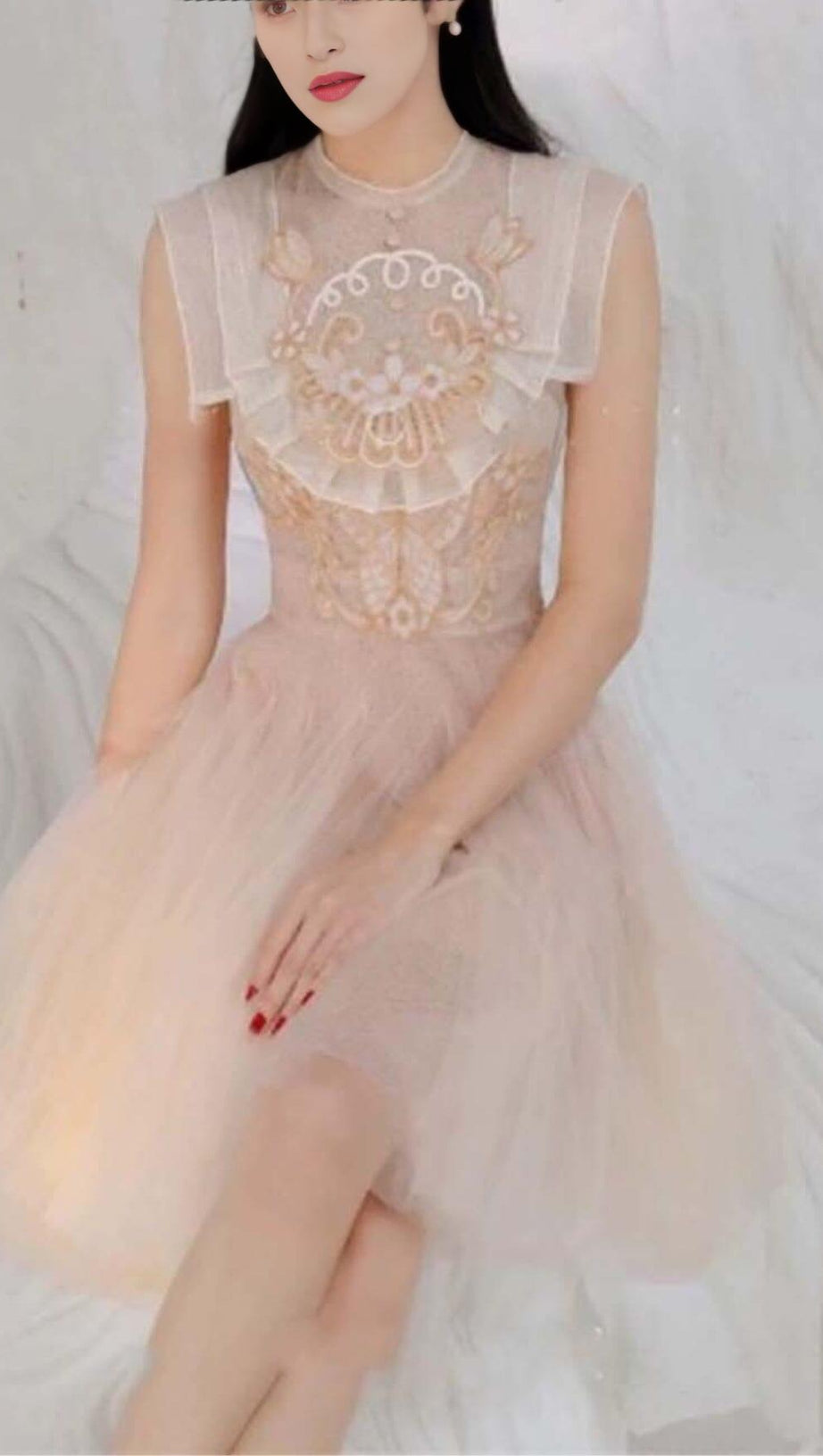 MESH EMBROIDERED SKATER DRESS IN PINK