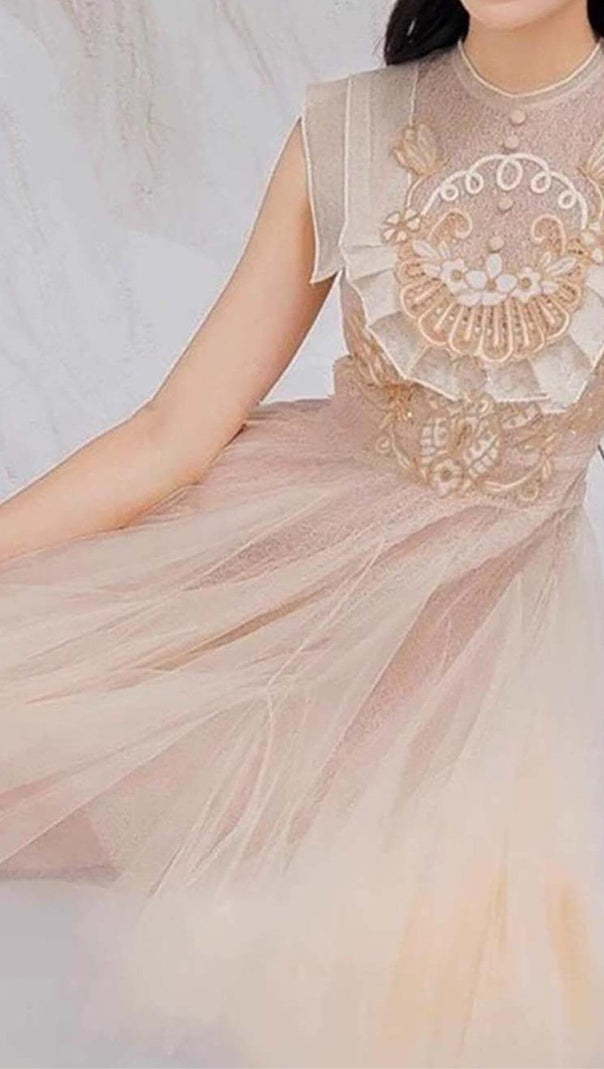 AIIZIE MESH EMBROIDERED SKATER DRESS IN PINK - product image