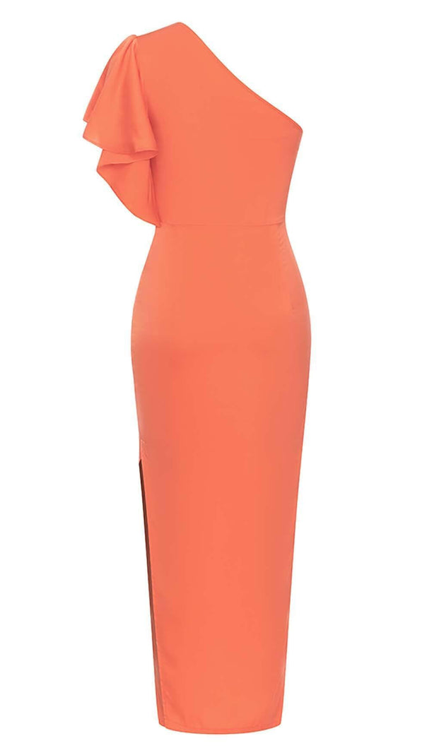AIIZIE OFF THE SHOULDER SATIN MIDI DRESS IN RED - product image