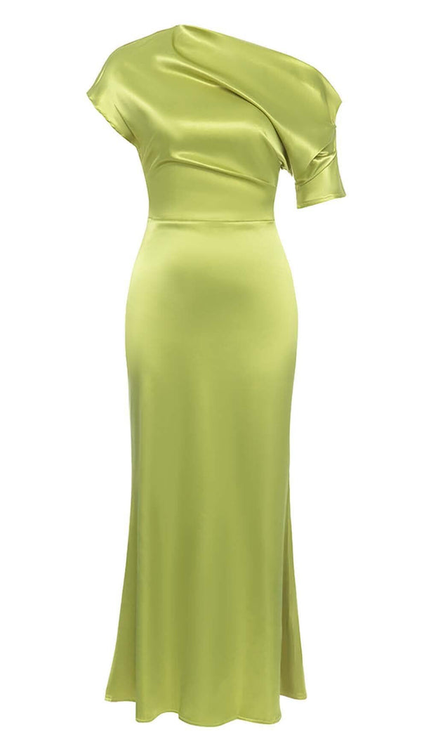AIIZIE ONE SHOULDER SATIN SLIT MAXI DRESS IN GREEN - product image