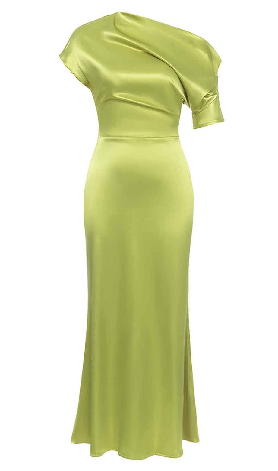 ONE SHOULDER SATIN SLIT MAXI DRESS IN GREEN