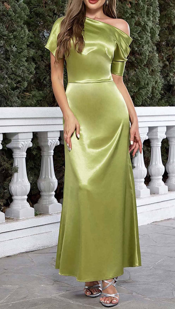 AIIZIE ONE SHOULDER SATIN SLIT MAXI DRESS IN GREEN - product image