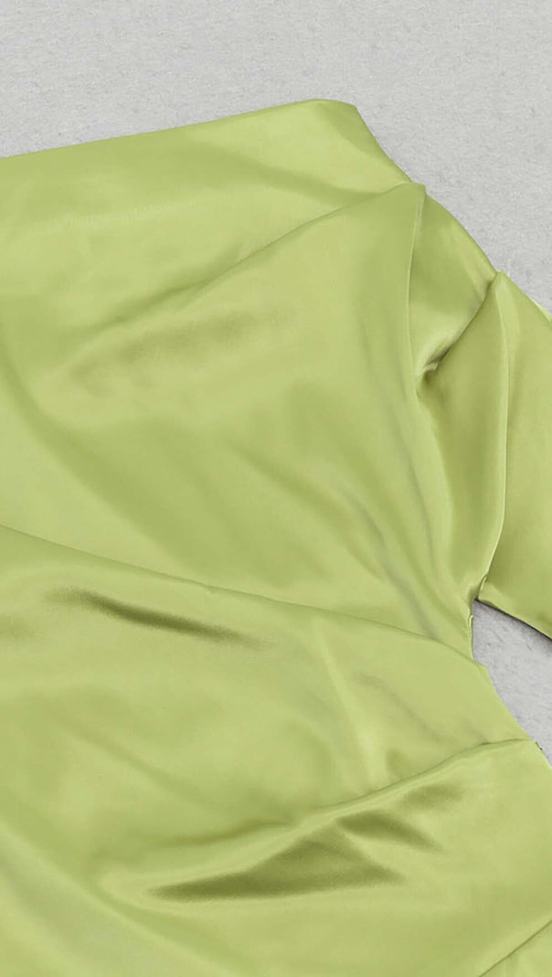 AIIZIE ONE SHOULDER SATIN SLIT MAXI DRESS IN GREEN - product image