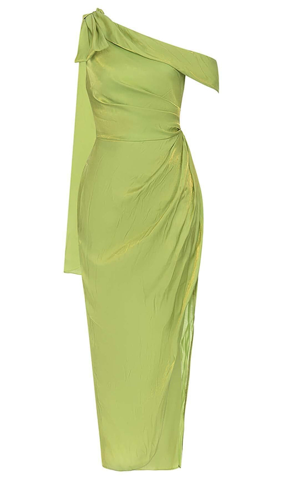 ONE SHOULDER SIDE ASYMMETRICAL MIDI DRESS IN GREEN