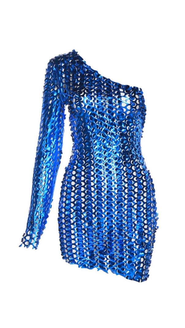 AIIZIE ONE SLEEVE HOLLOW MINI DRESS IN BLUE - product image