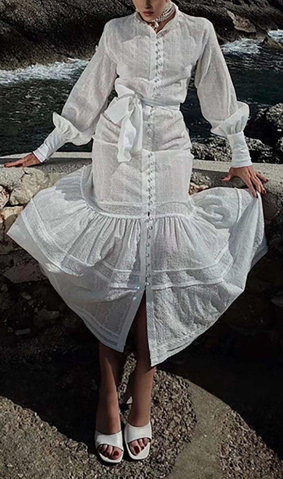 ABITO MIDI BIANCO CON RICAMI DI PERLE