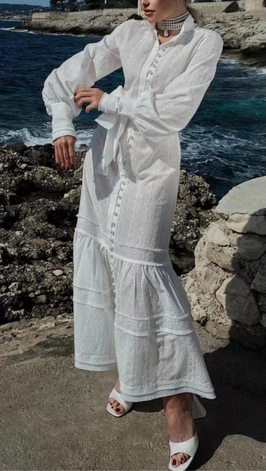 PEARL EMBROIDERED MIDI DRESS IN WHITE