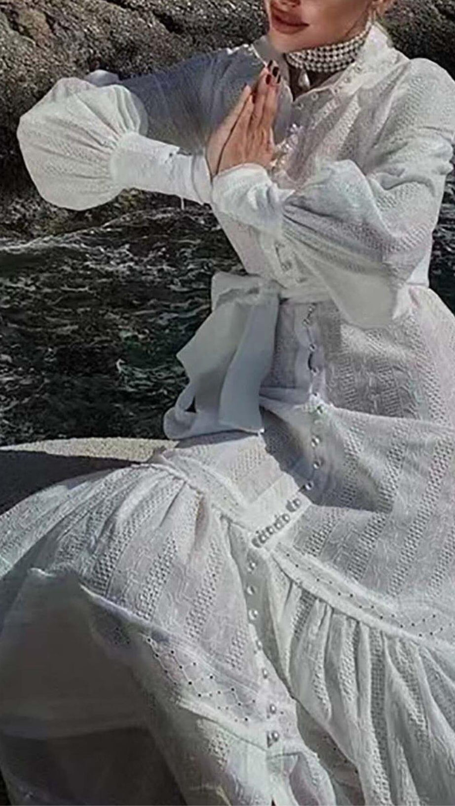 PEARL EMBROIDERED MIDI DRESS IN WHITE