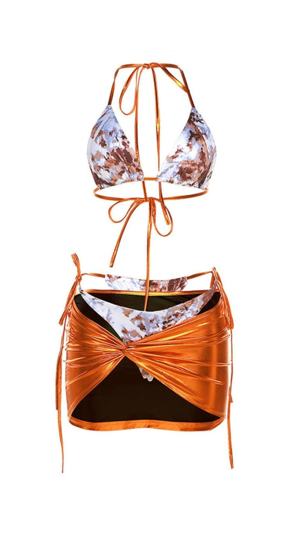 AIIZIE PRINTED METALLIC SWIMWEAR THREE PIECE SET IN GOLD - product image