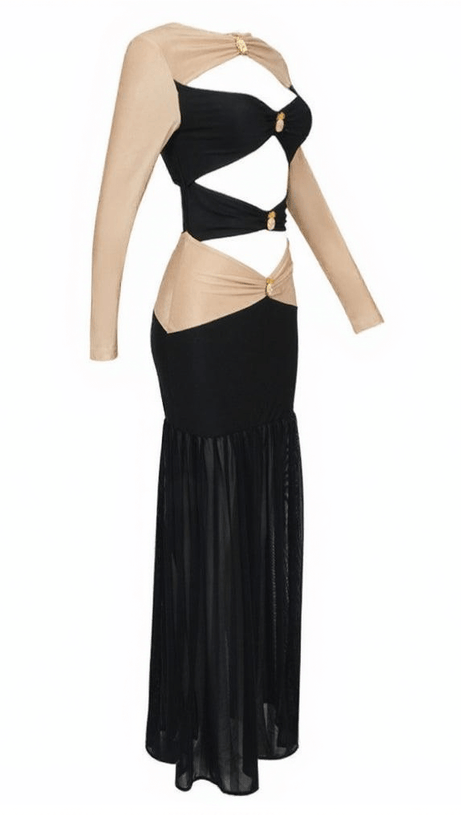 HEDWIG PATCHWORK CUTOUT SATIN DRESS