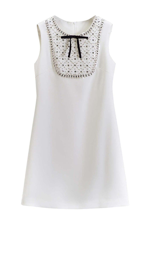 RHINESTONE BOW TIE MINI DRESS IN WHITE