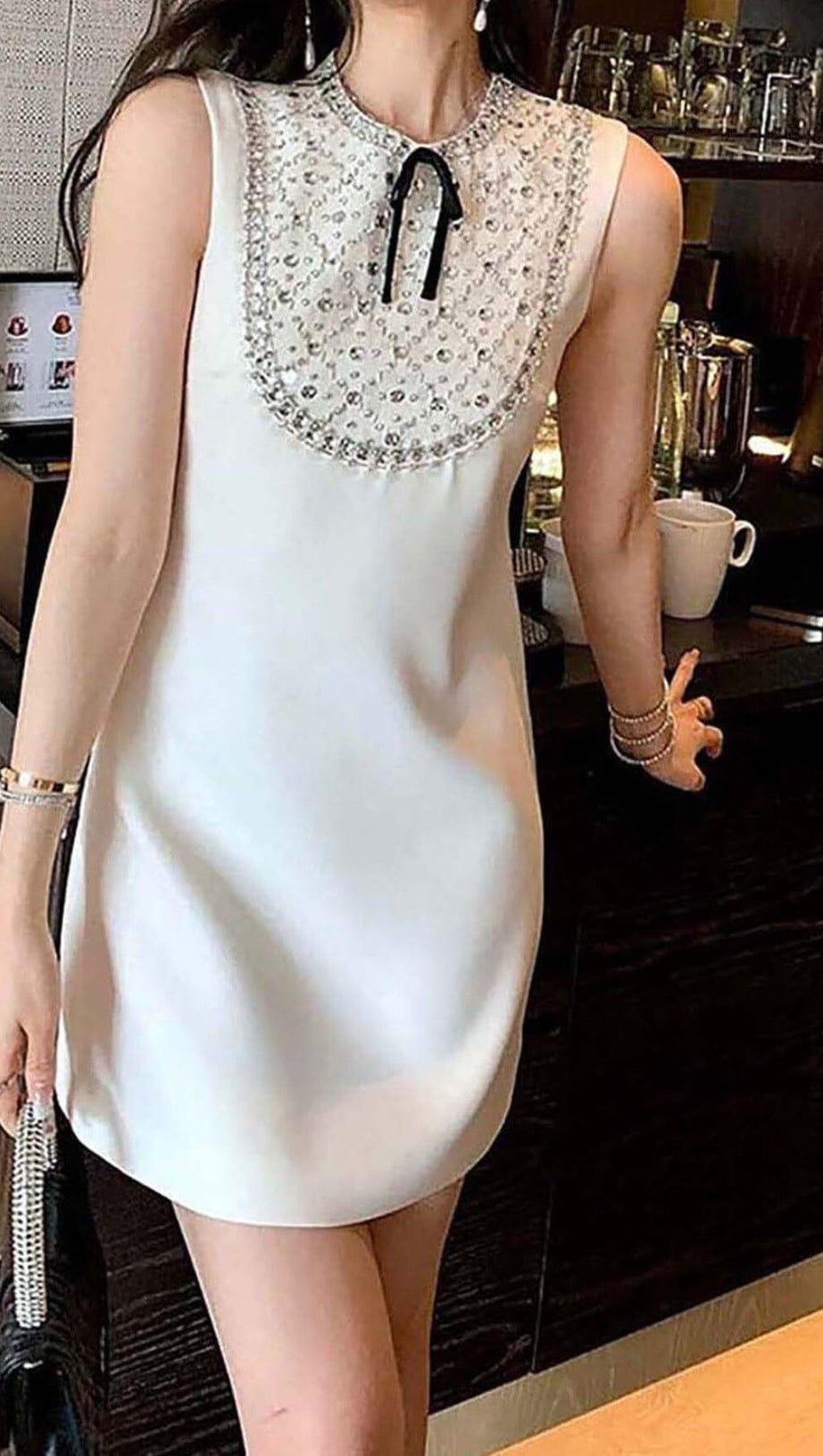 RHINESTONE BOW TIE MINI DRESS IN WHITE