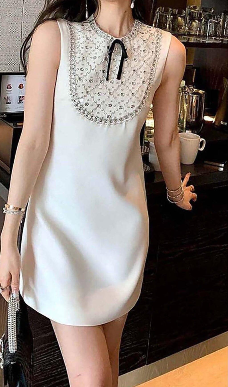 RHINESTONE BOW TIE MINI DRESS IN WHITE