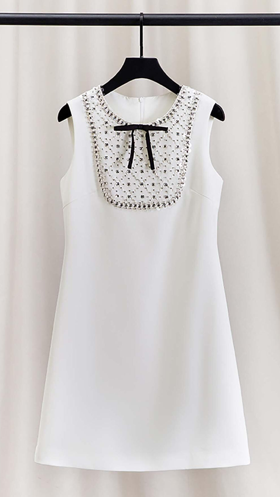 RHINESTONE BOW TIE MINI DRESS IN WHITE