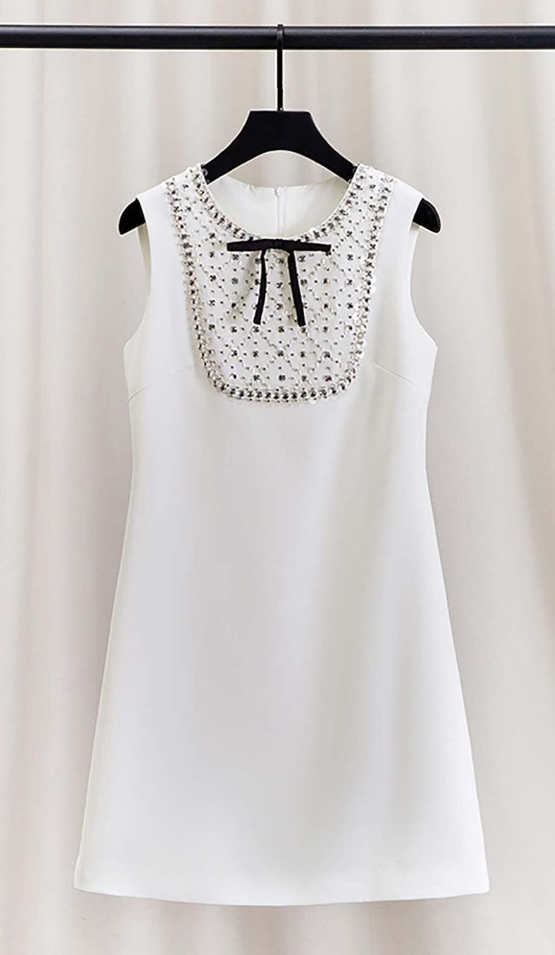 RHINESTONE BOW TIE MINI DRESS IN WHITE