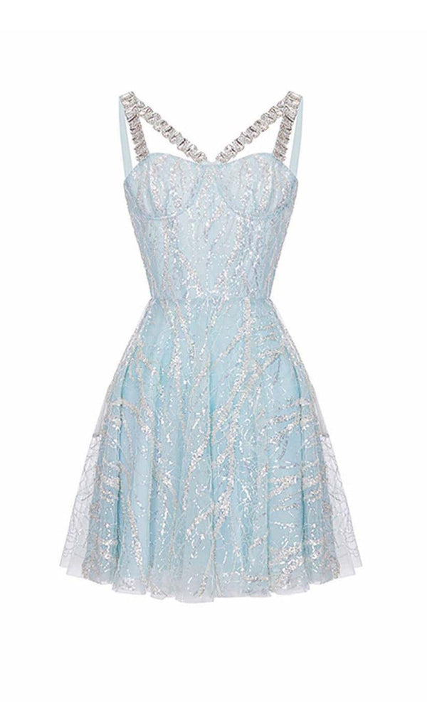 RHINESTONE STRAP HEM DRESS IN BLUE