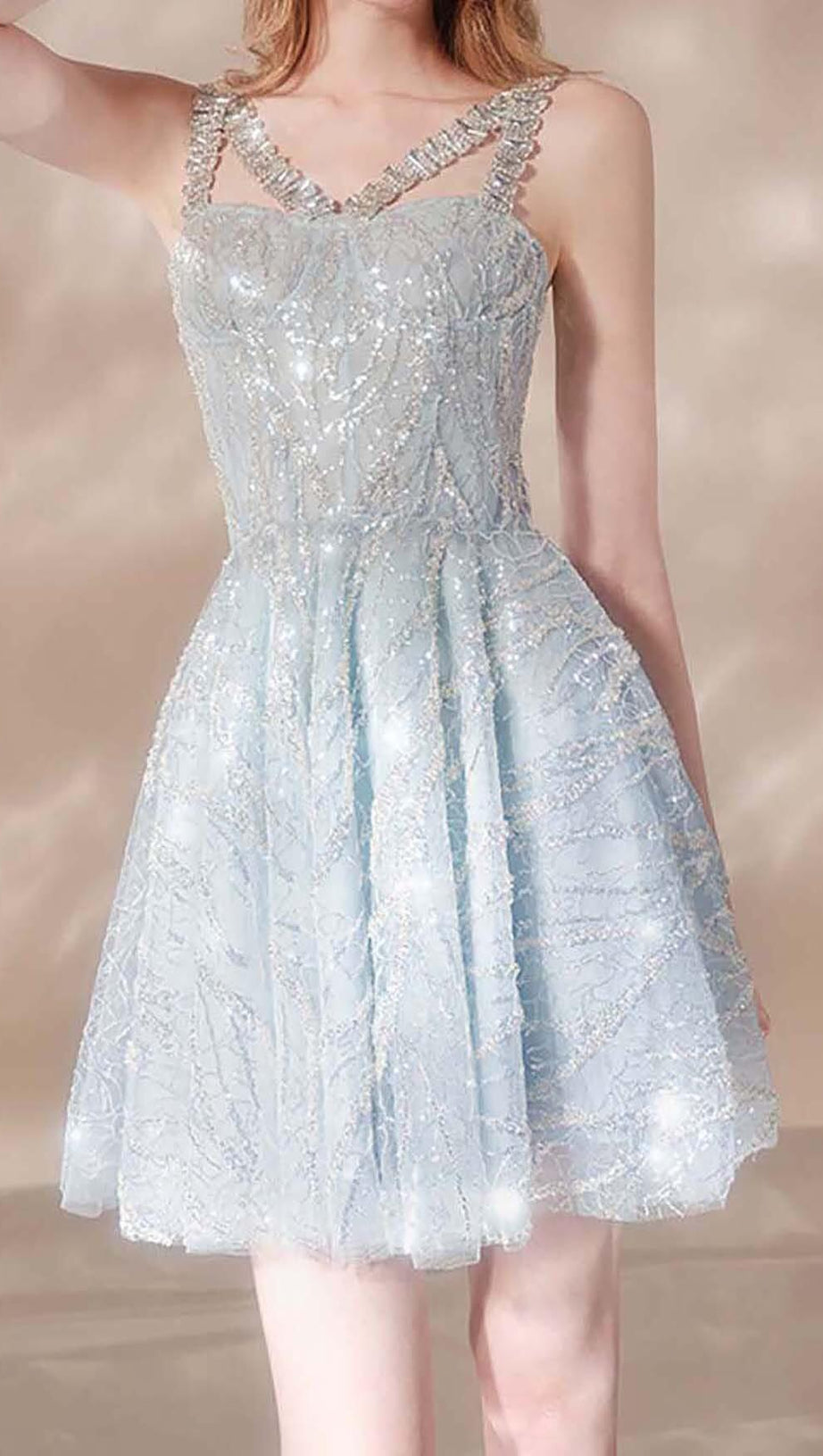 RHINESTONE STRAP HEM DRESS IN BLUE