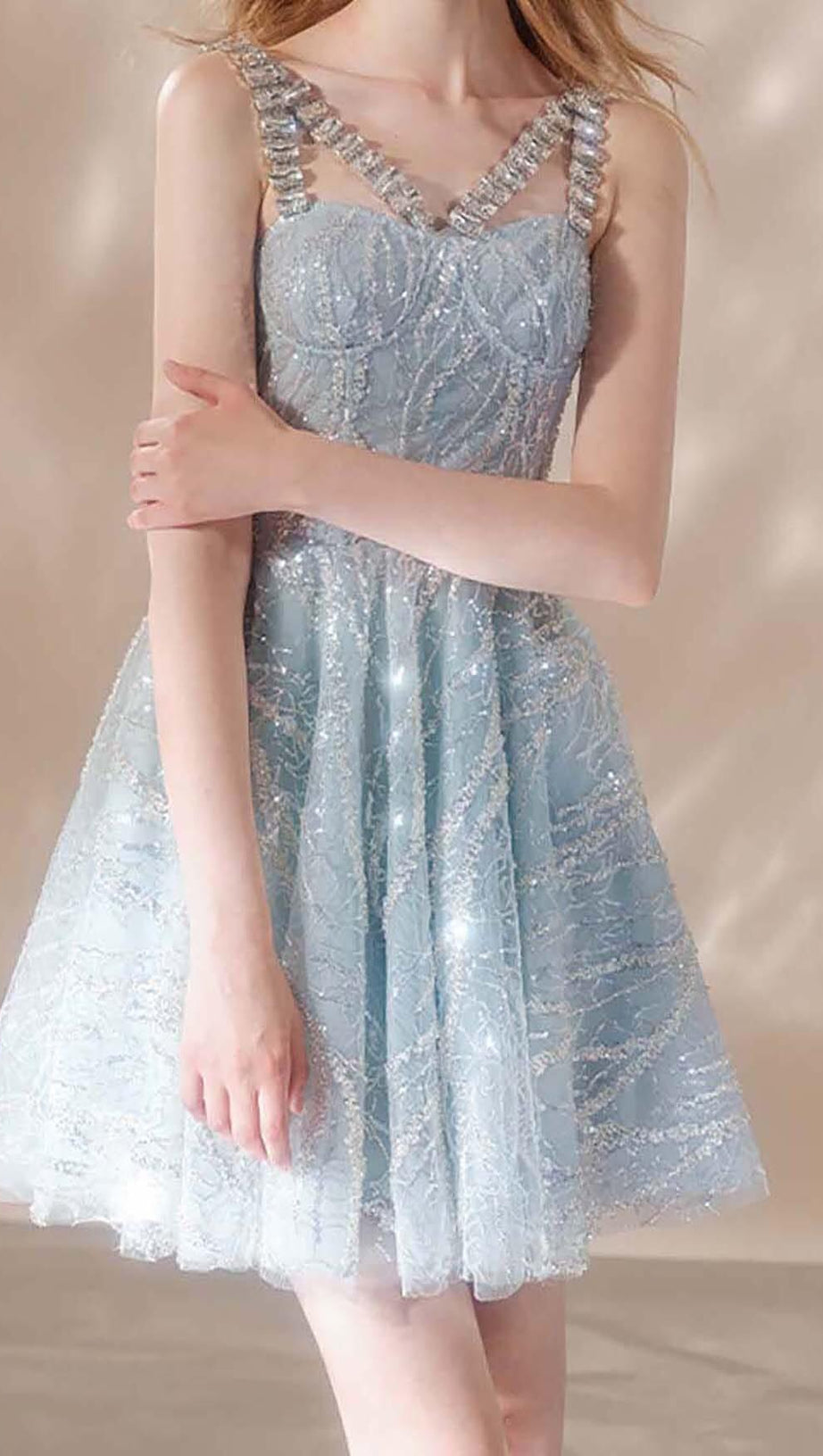 RHINESTONE STRAP HEM DRESS IN BLUE