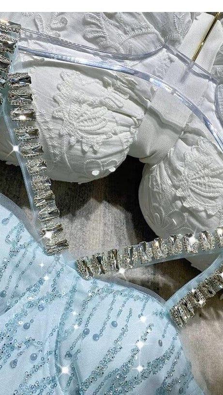 RHINESTONE STRAP HEM DRESS IN BLUE