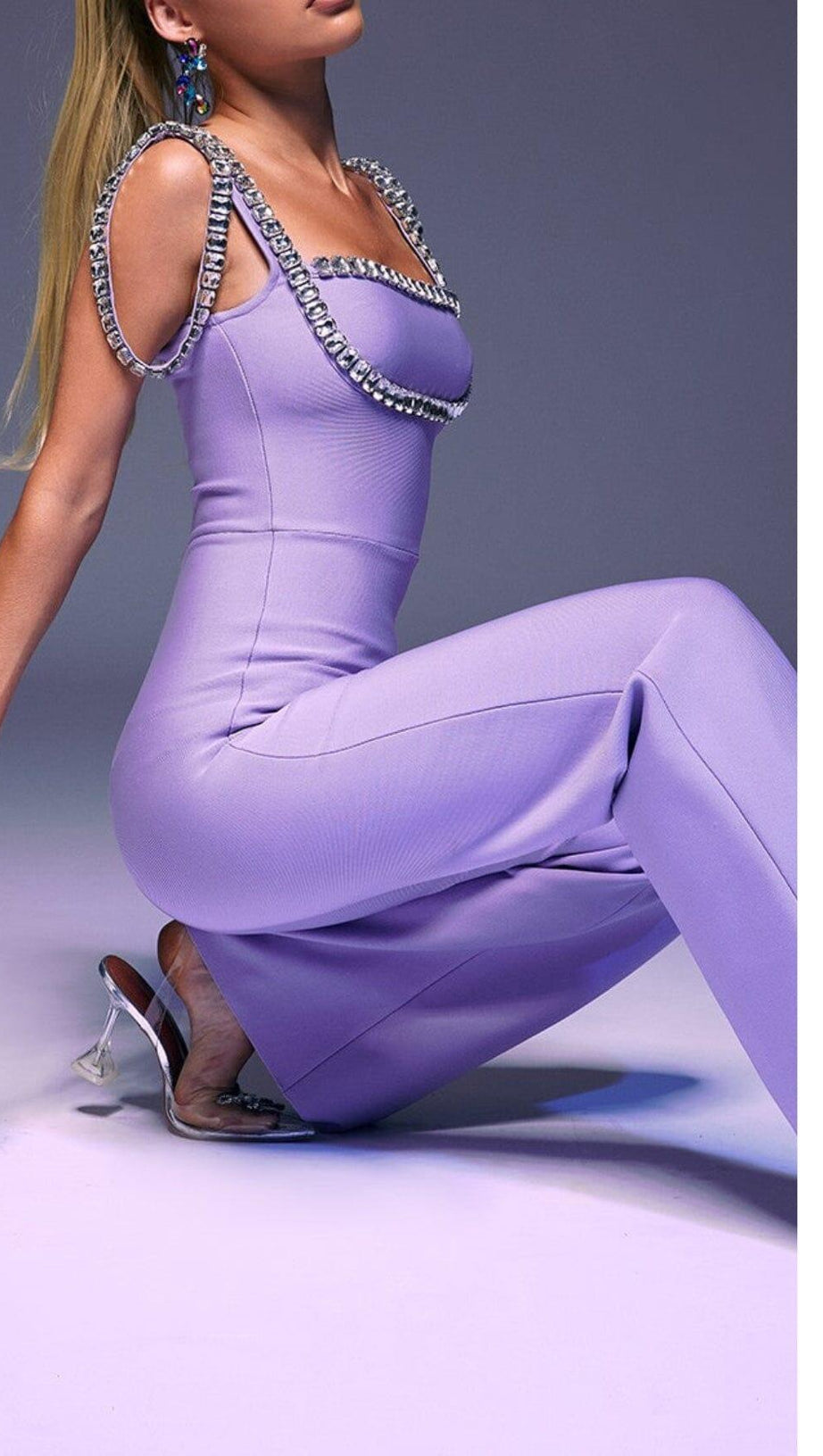 RHINESTONE STRAP JUMPSUIT IN PURPLE