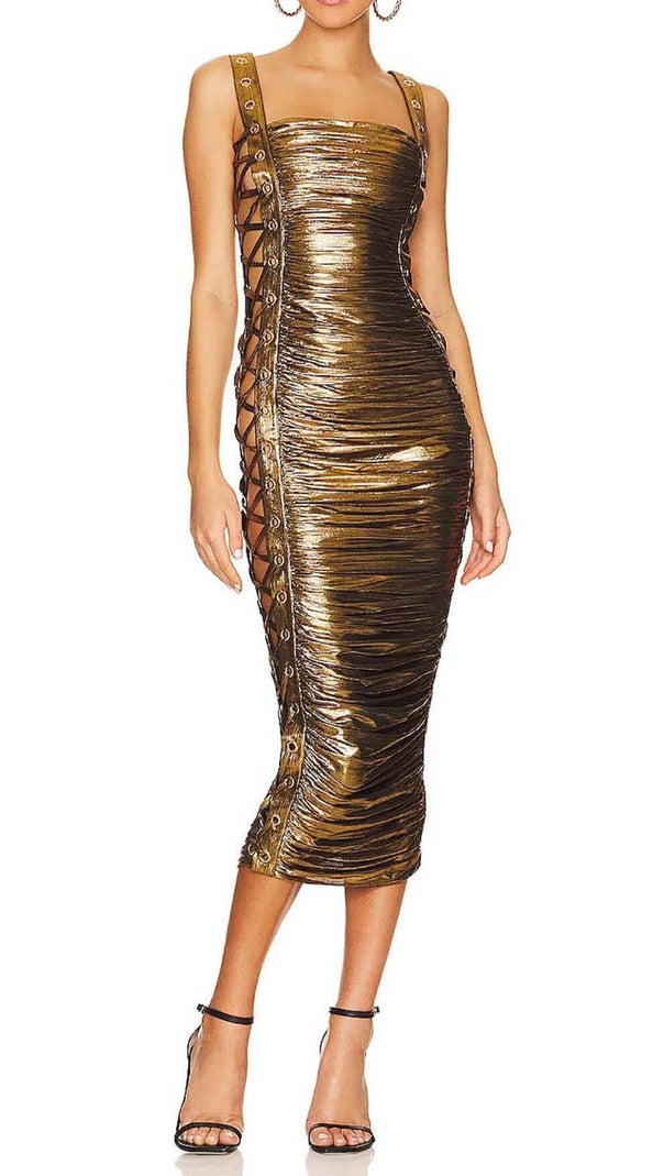 AIIZIE RUCHED METALLIC MIDI DRESS IN GOLD - product image