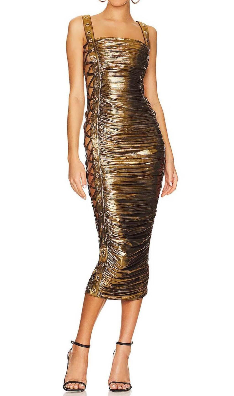 RUCHED METALLIC MIDI DRESS IN GOLD