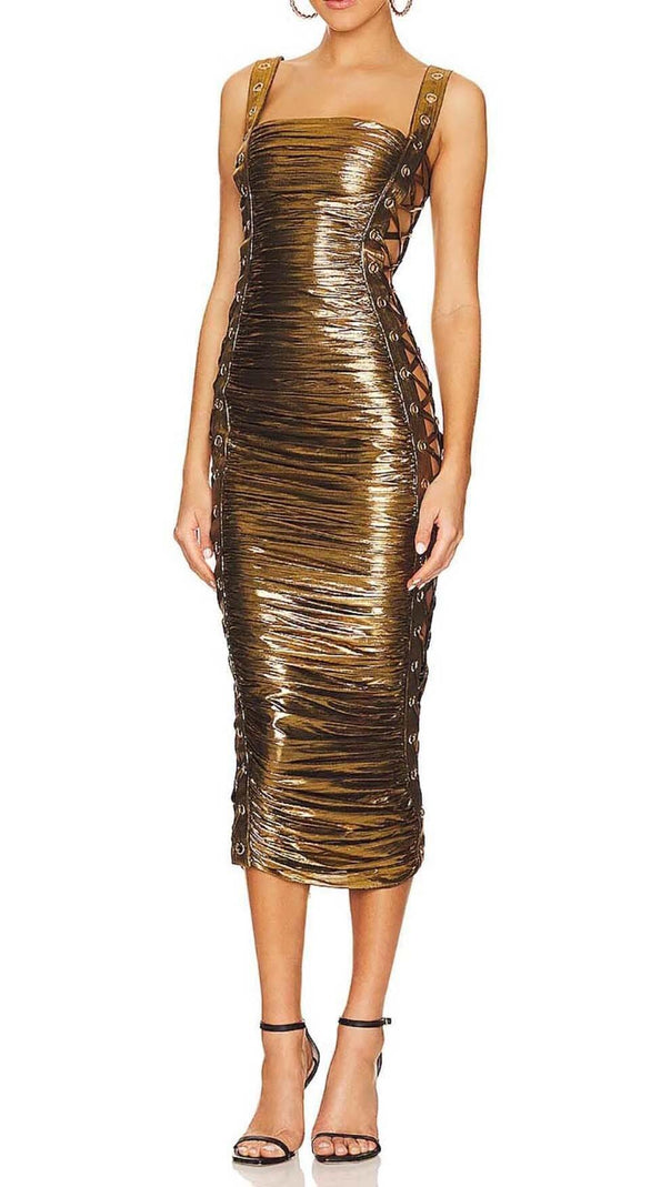 AIIZIE RUCHED METALLIC MIDI DRESS IN GOLD - product image