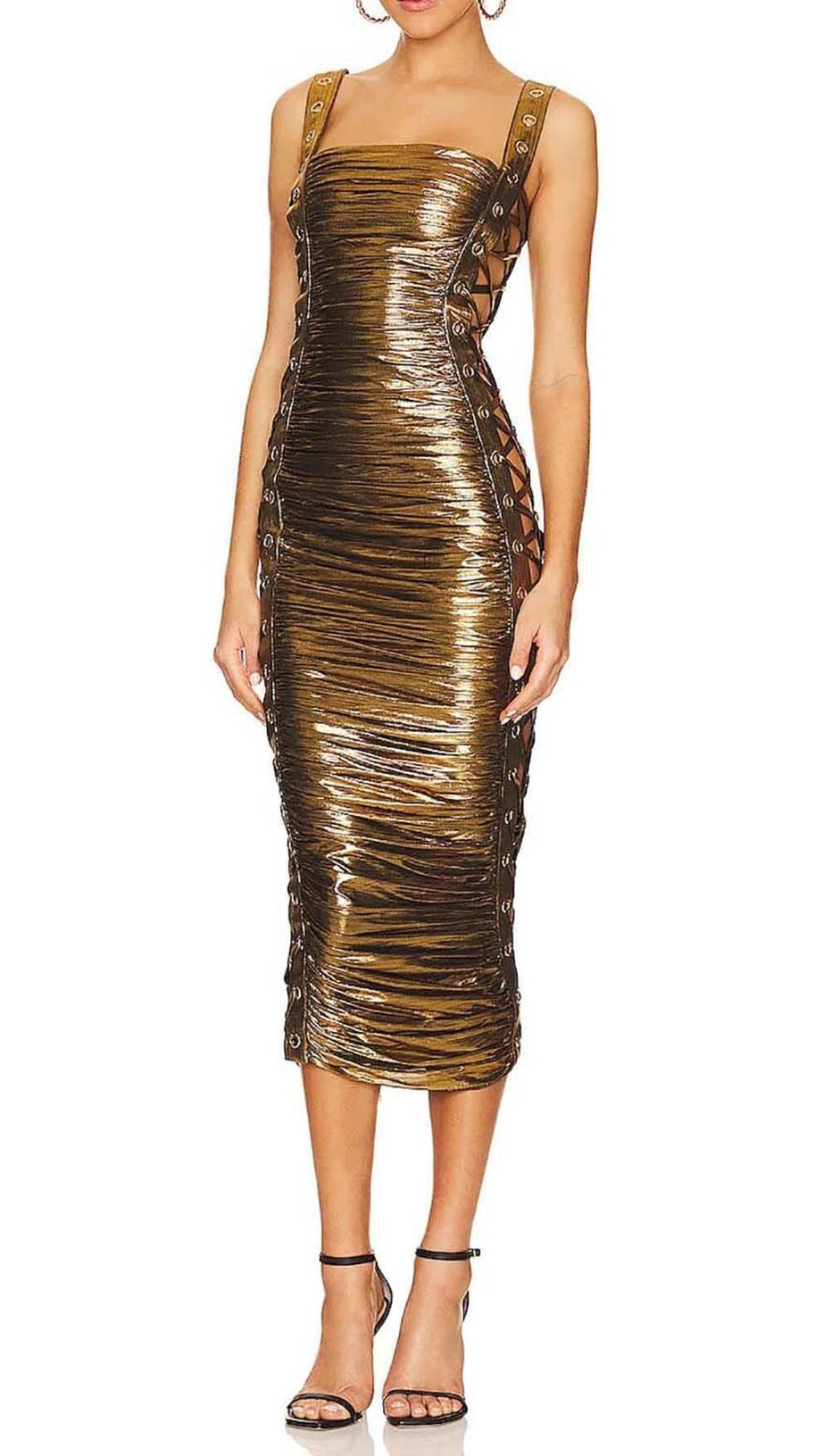 RUCHED METALLIC MIDI DRESS IN GOLD