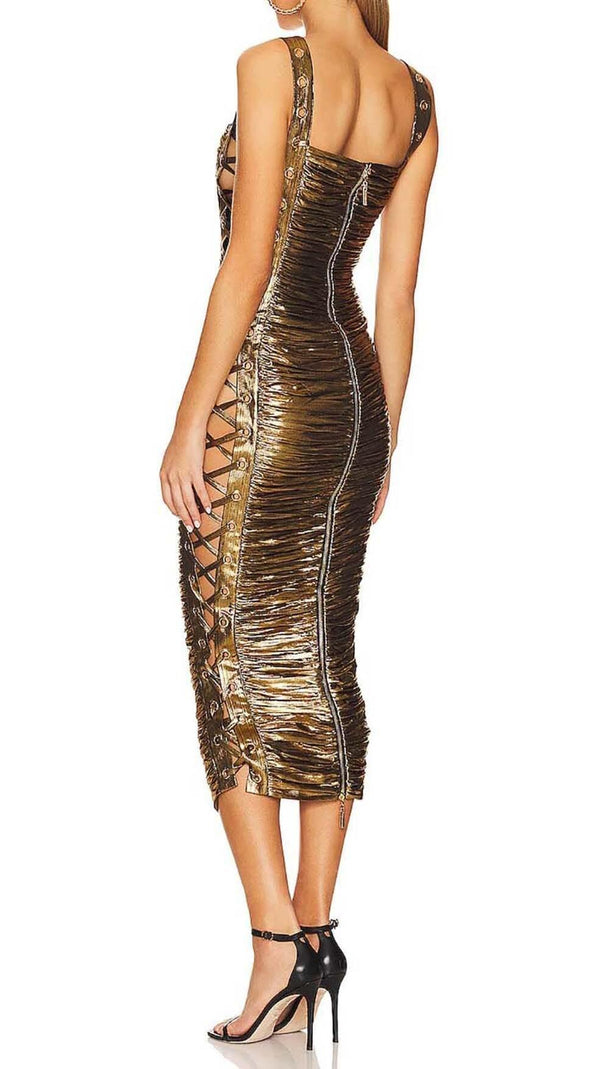 AIIZIE RUCHED METALLIC MIDI DRESS IN GOLD - product image