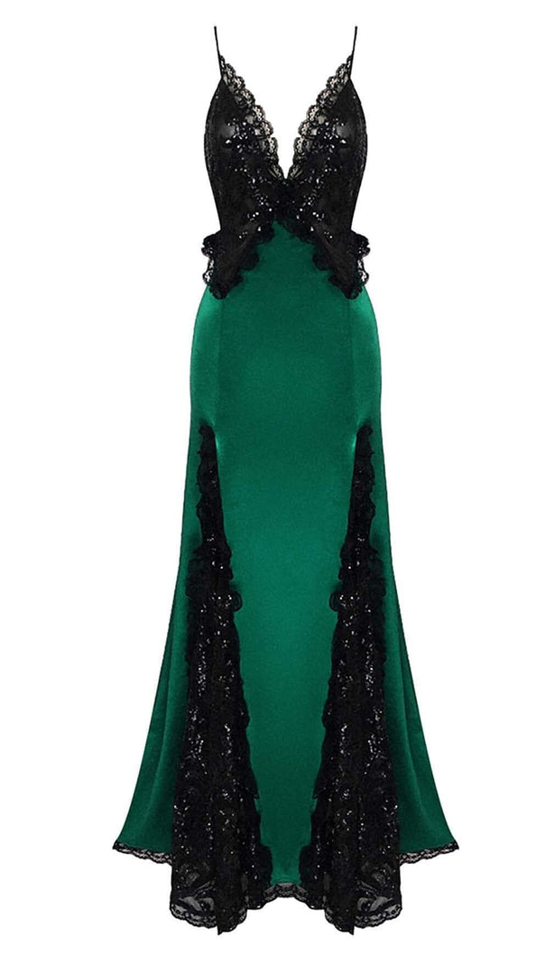 AIIZIE RUFFLED SILK SATIN MAXI DRESS IN GREEN - product image