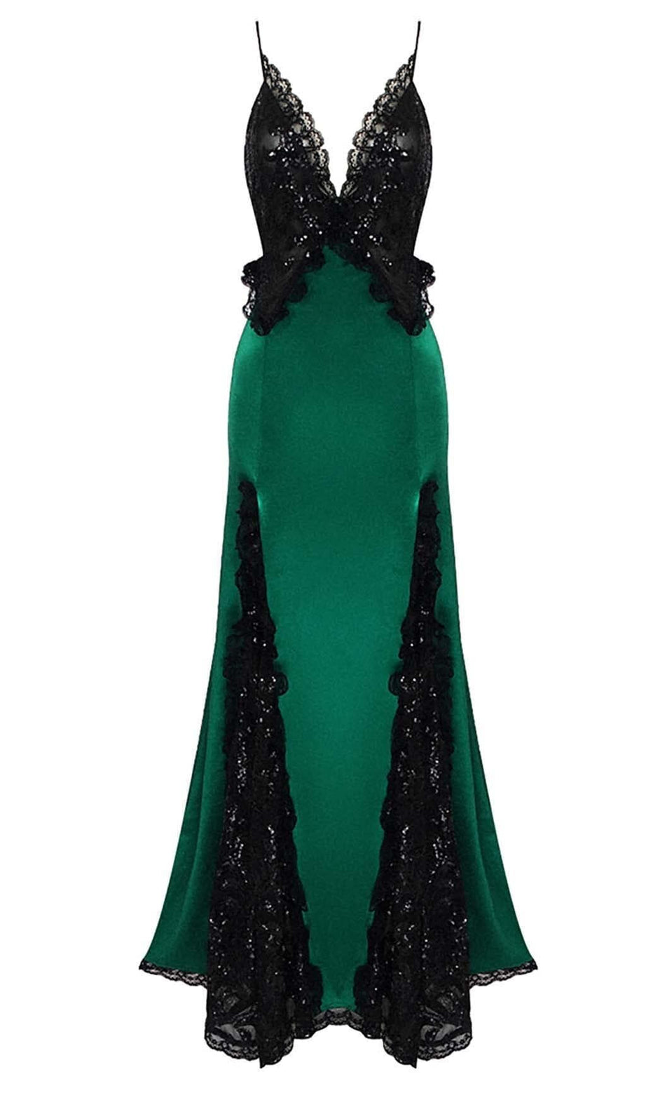 RUFFLED SILK SATIN MAXI DRESS IN GREEN