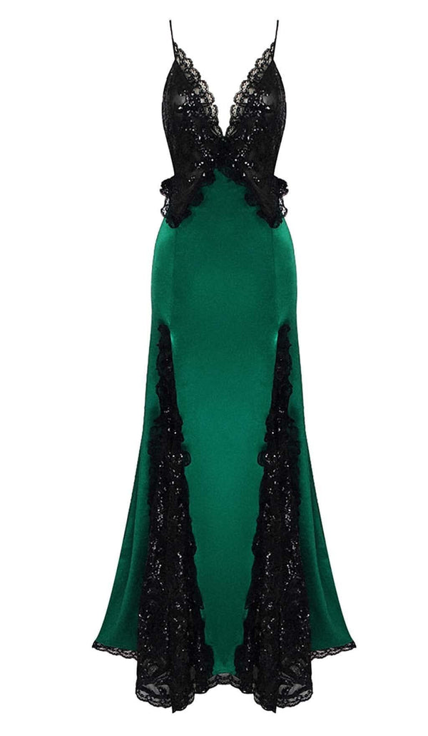 RUFFLED SILK SATIN MAXI DRESS IN GREEN