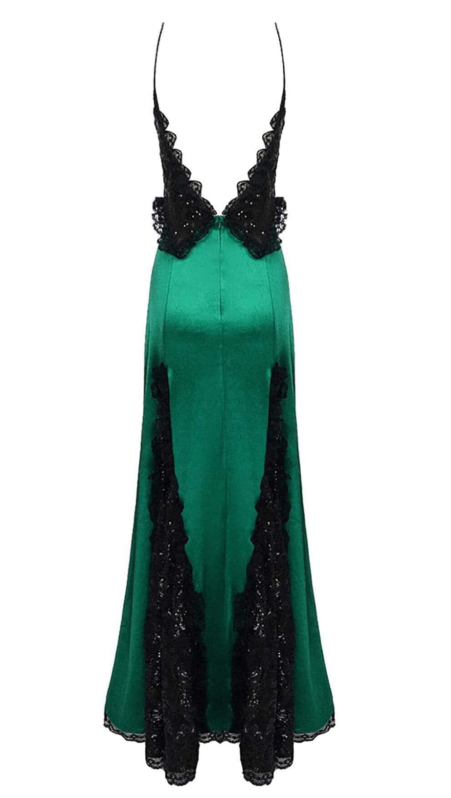 MAXIKLEID AUS SEIDENSATIN MIT RÜSCHEN IN GRÜN