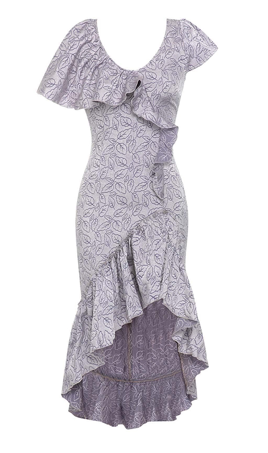 RUFFLED V-NECK ASYMMETRIC MIDI DRESS IN PURPLE